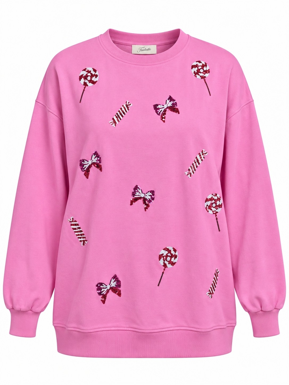 FANTASTIC FAWN | Pink Sequin Candy Cane Peppermint Bow Crew Neck Sweatshirt | M